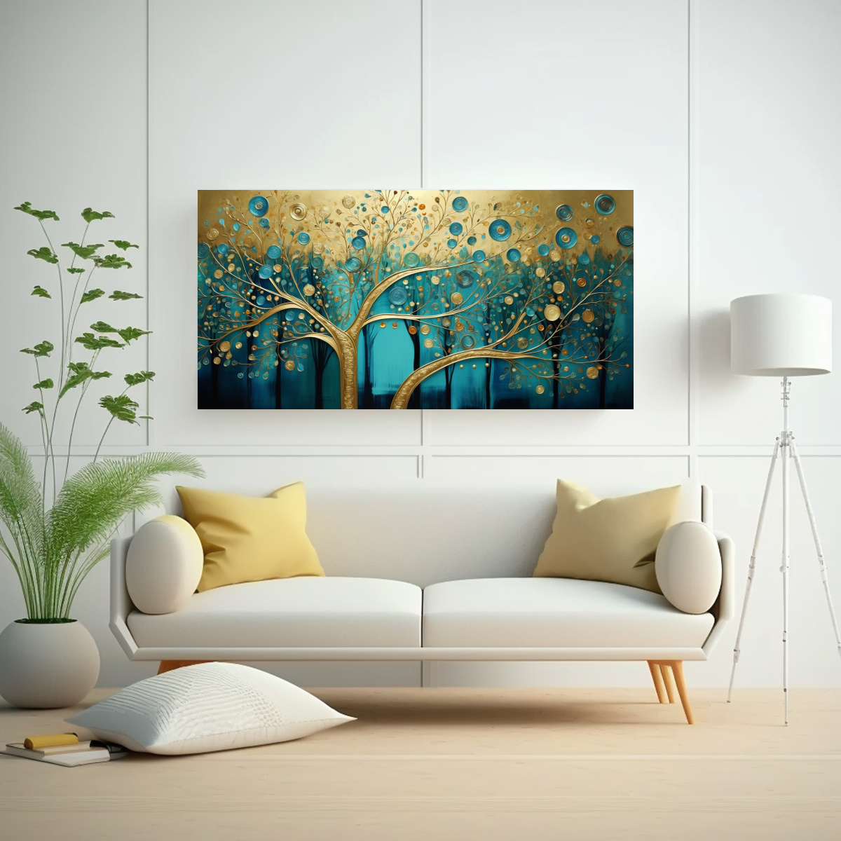 CUADRO DE ÁRBOL EN TURQUESA Y DORADO ESTILO POP 160X80 CM - 2