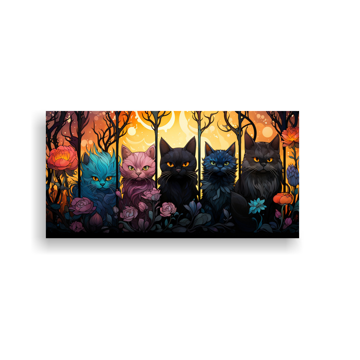 CUADRO TELA SIMETRÍA GATOS NEGROS SONRIENTES 160X80 CM - 1