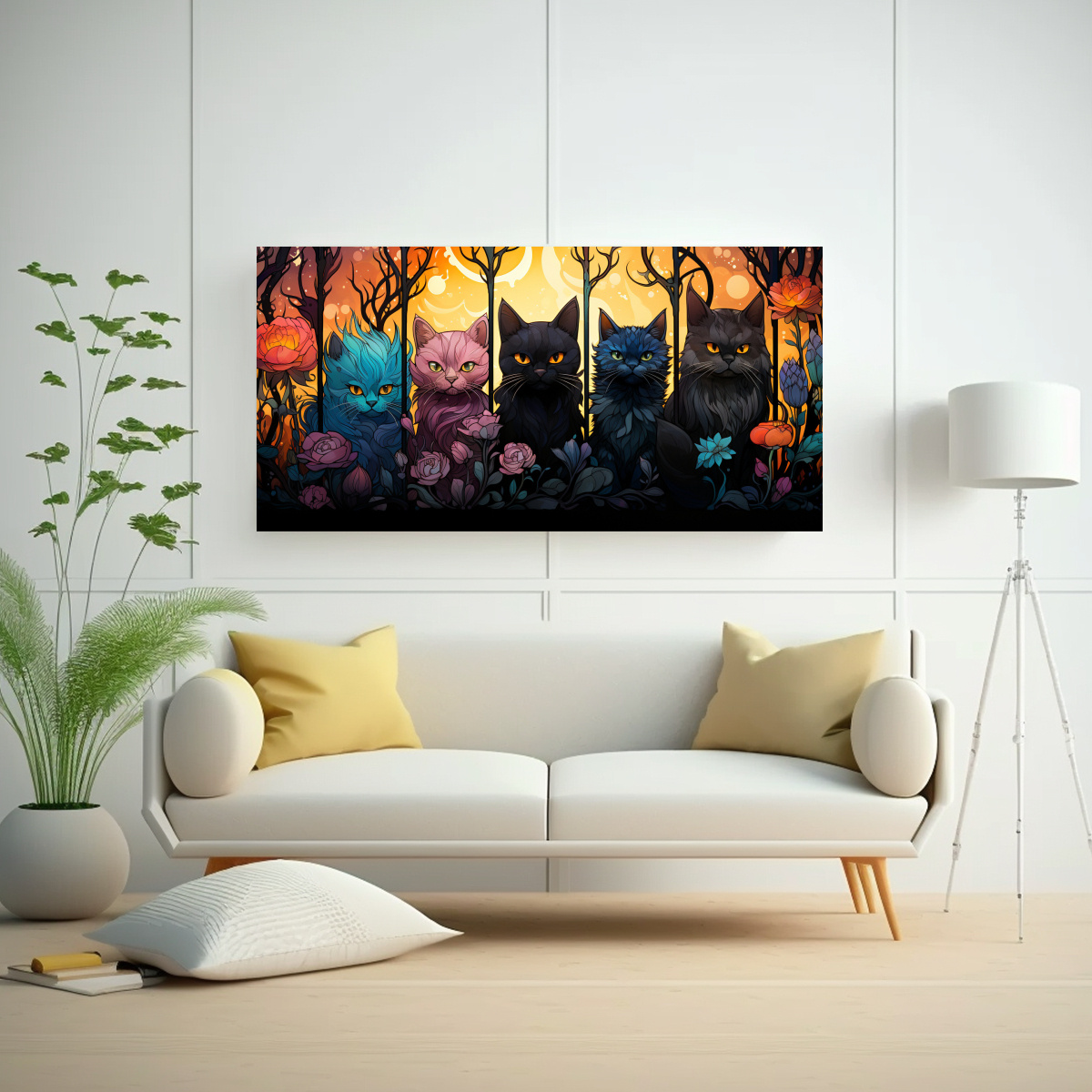 CUADRO TELA SIMETRÍA GATOS NEGROS SONRIENTES 160X80 CM - 2