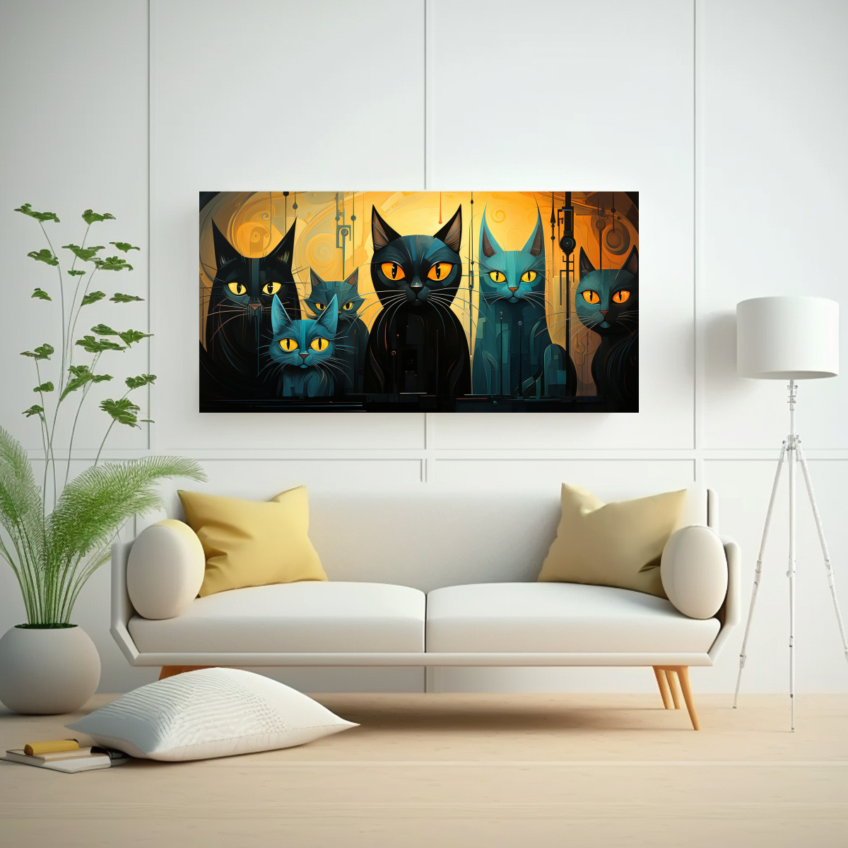 CUADRO DE GATOS NEGROS EN GRUPO, ARTE DE PARED 40X20 CM - 2
