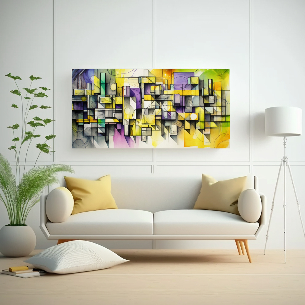 DISEÑO CARTEL ACUARELA CON CUBOS Y LÍNEAS. 160X80 CM - 2