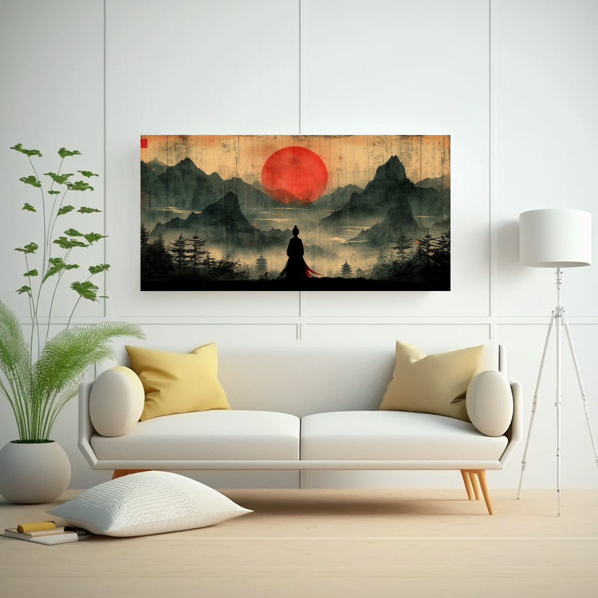 PINTURA DECORATIVA DE MUJER CHINA Y MONTAÑAS AL 40X20 CM - 2