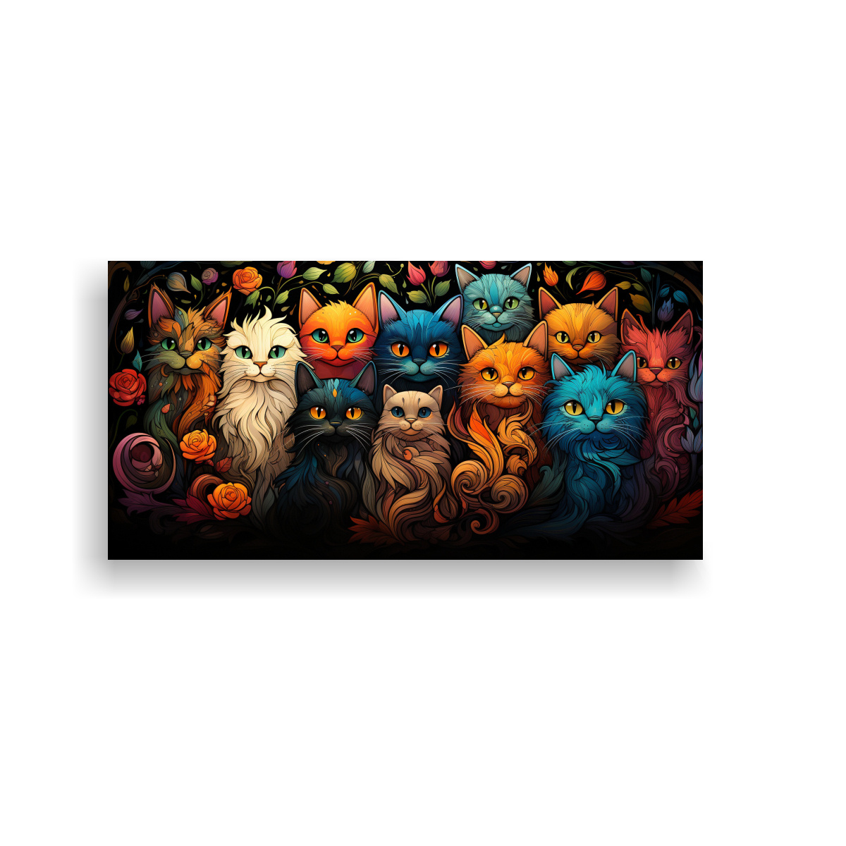 CUADRO DECORATIVO GATOS NEGROS SONRIENTES EN 140X70 CM - 1