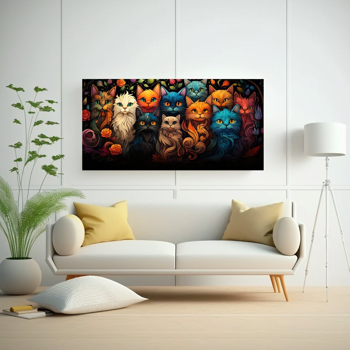 CUADRO DECORATIVO GATOS NEGROS SONRIENTES EN 140X70 CM - 2