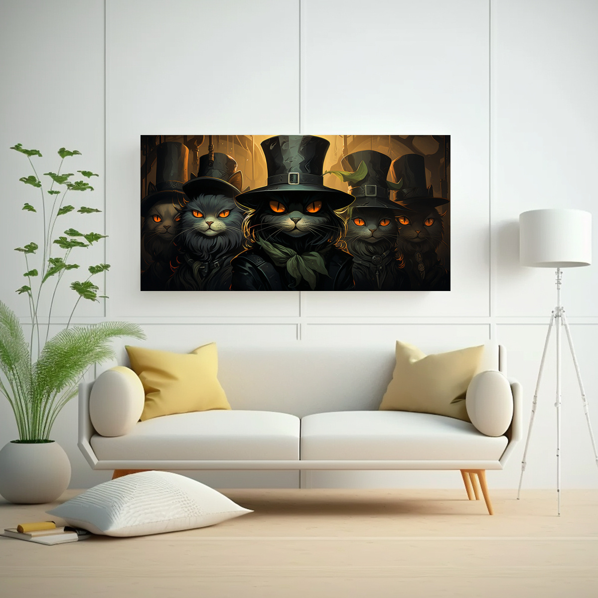 CUADRO EN BASTIDOR GATOS NEGROS OJOS NARANJA 120X60 CM - 2