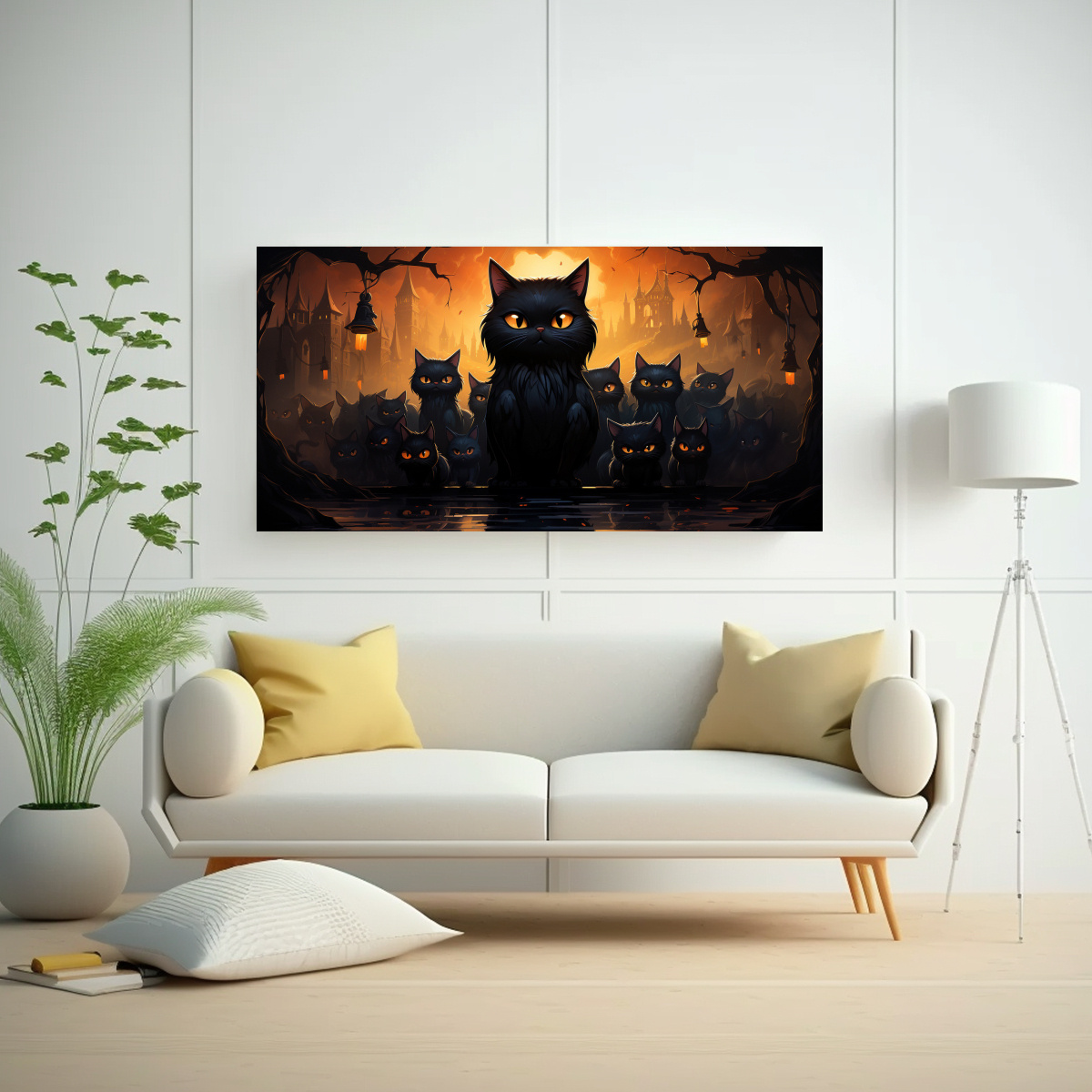 PINTURAS DECORATIVAS DE GATOS NEGROS AGRUPADOS EN 60X30 CM - 2
