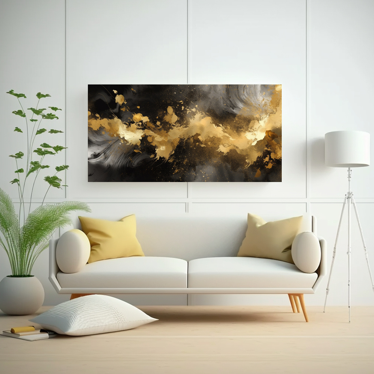 PINTURA DIGITAL ABSTRACTA NEGRO Y DORADO, LÍNEAS 40X20 CM - 2