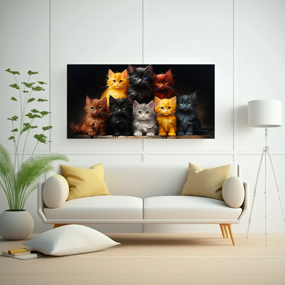 CUADRO DE GATOS EN COLORES SOBRE FONDO NARANJA 140X70 CM - 2