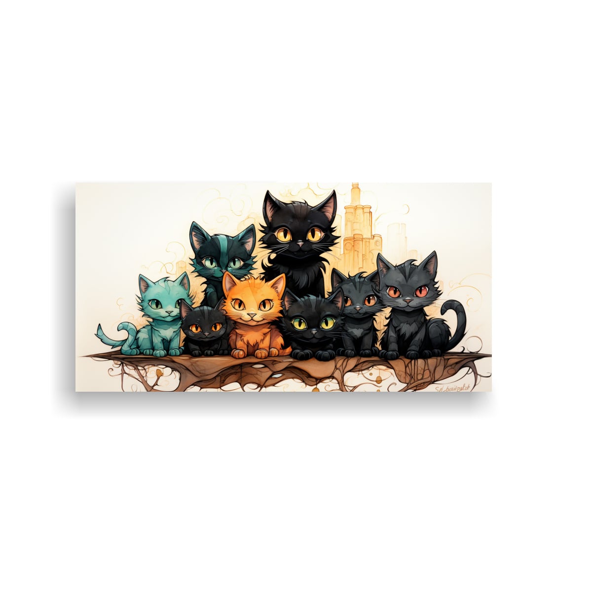 CUADRO DIBUJO GATOS NEGROS LINDOS EN PILA MIRANDO 140X70 CM - 1