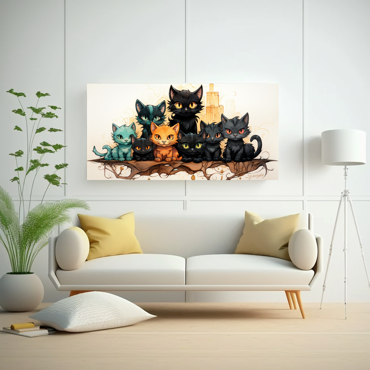 CUADRO DIBUJO GATOS NEGROS LINDOS EN PILA MIRANDO 140X70 CM - 2