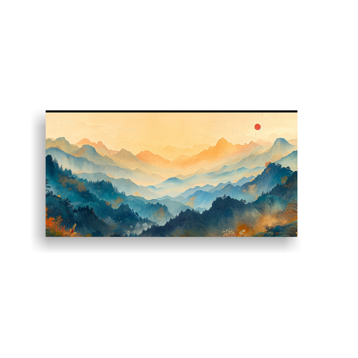CUADRO CHINO MONTAÑAS COLORES VIBRANTES Y TINTA 80X40 CM - 1