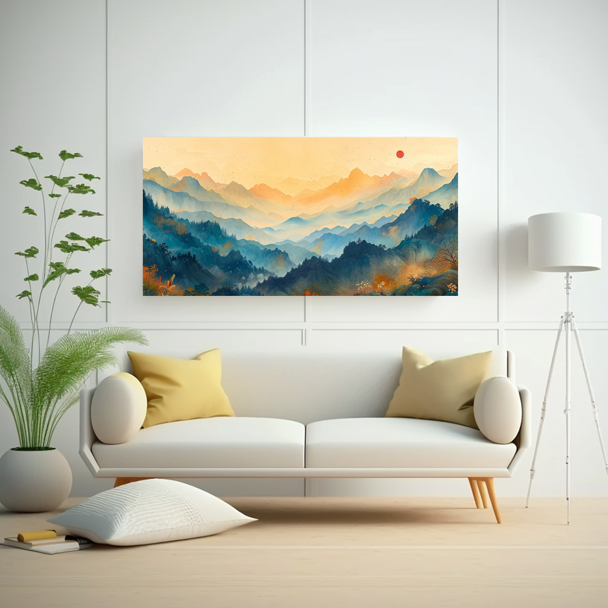 CUADRO CHINO MONTAÑAS COLORES VIBRANTES Y TINTA 80X40 CM - 2
