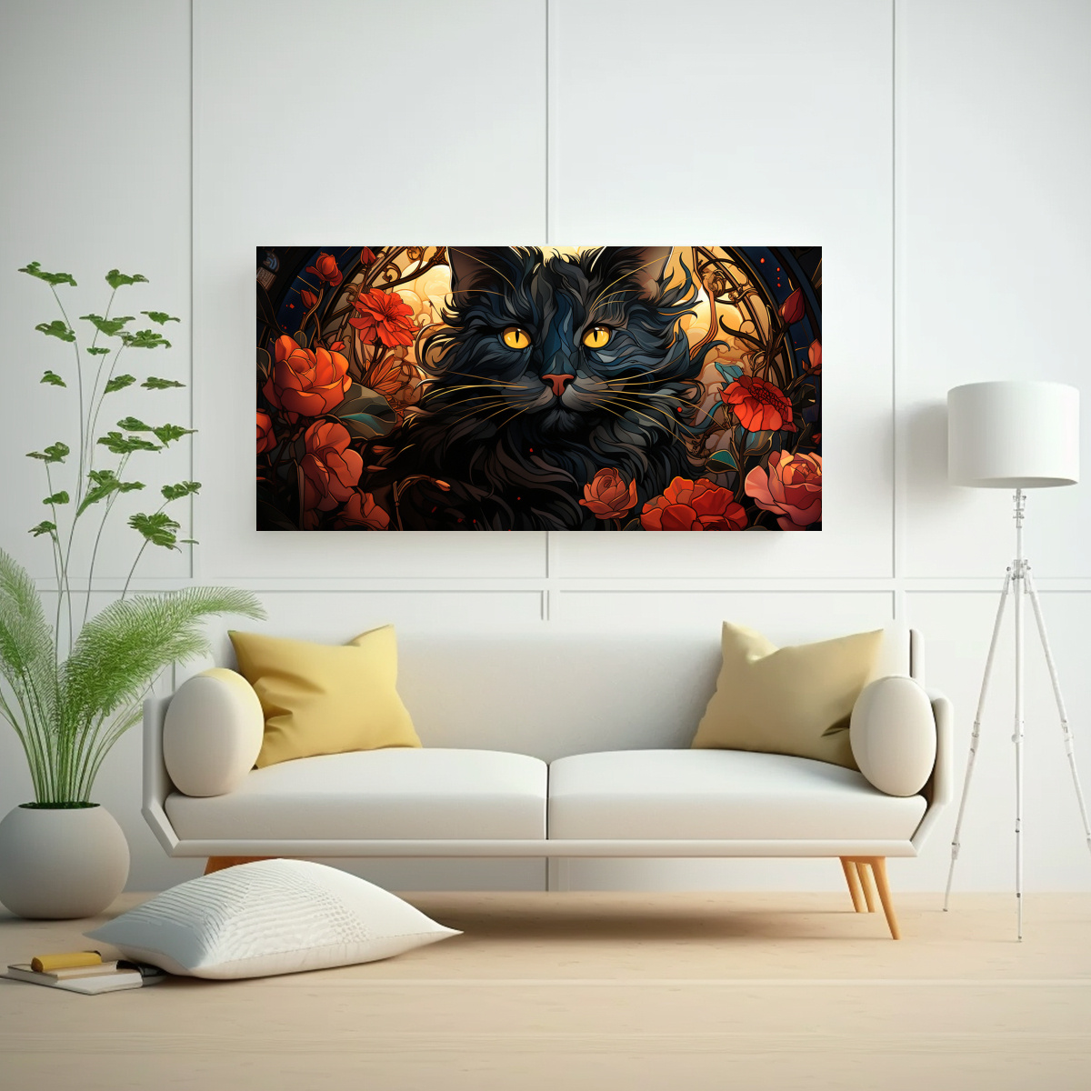 PINTURA DE VENTANA DE VIDRIO MANCHADO CON GATO 100X50 CM - 2