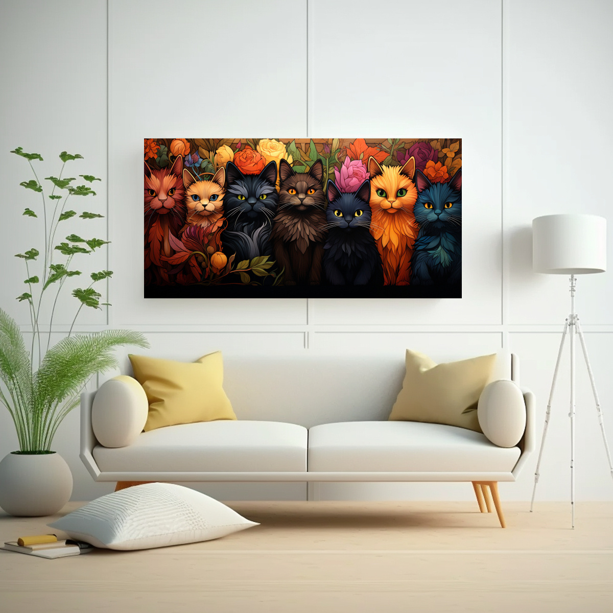 CUADRO MODERNO RELIEVE GATOS NEGROS SONRIENTES 140X70 CM - 2