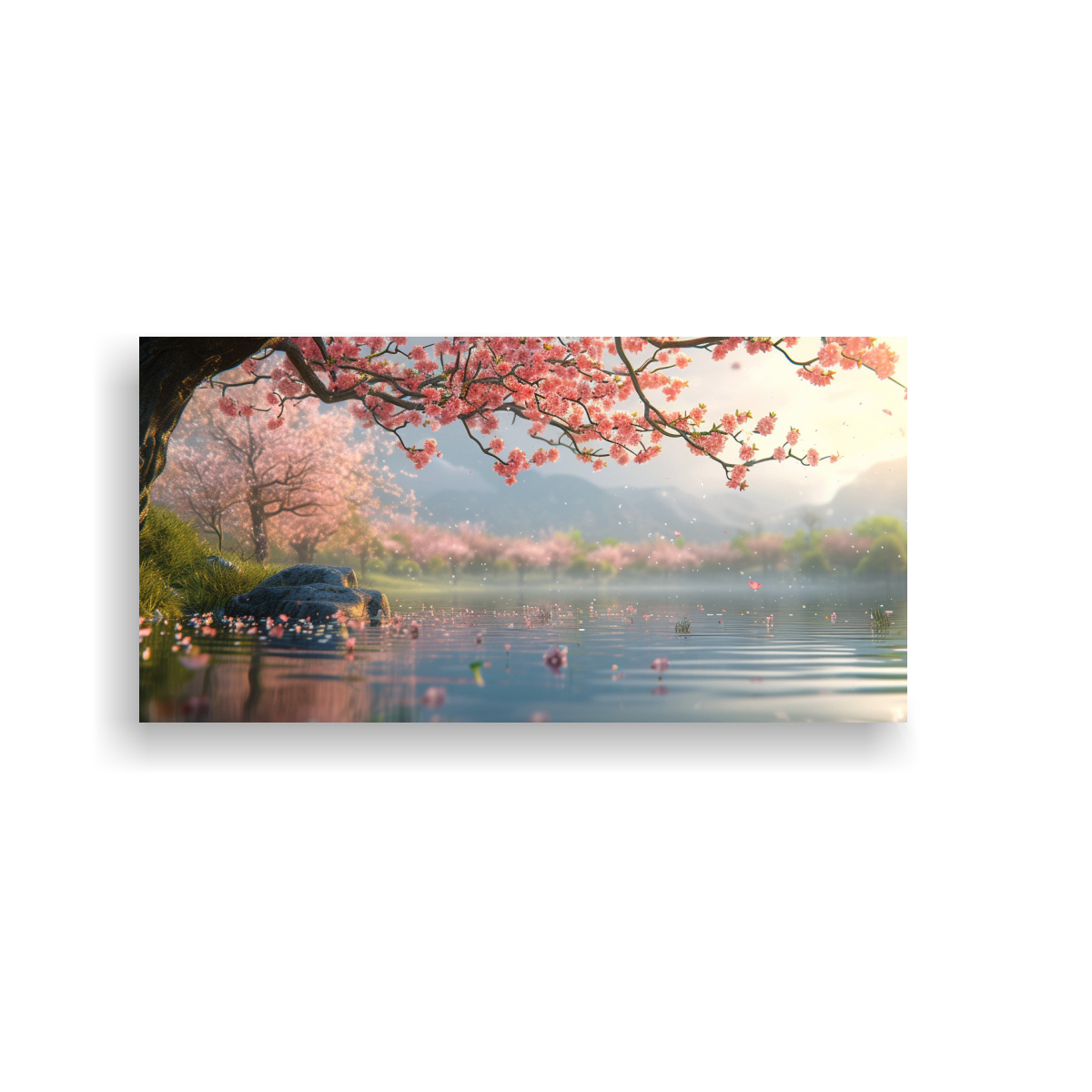 CUADRO PAISAJE ACUÁTICO FLORES DURAZNO DETALLE 120X60 CM - 1