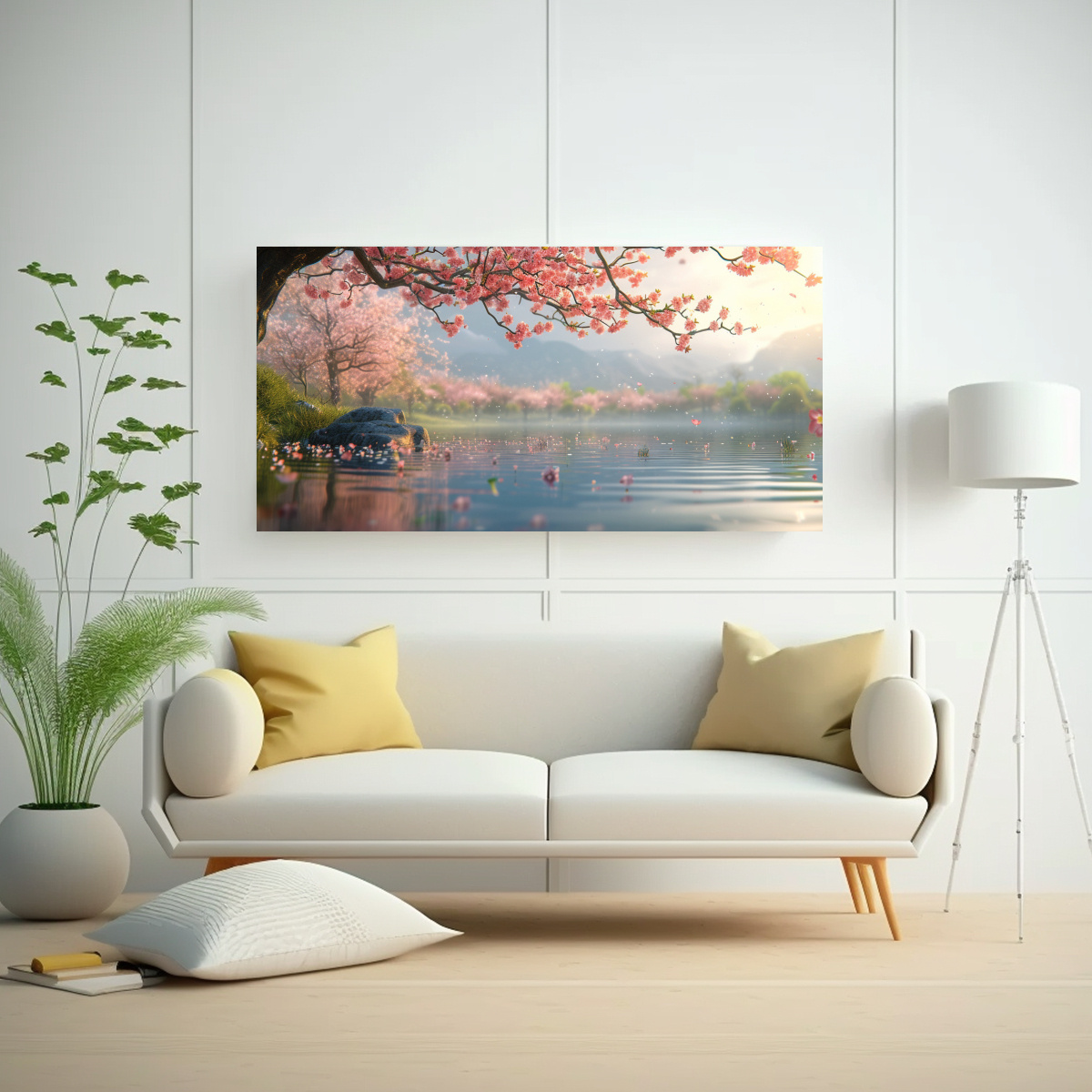 CUADRO PAISAJE ACUÁTICO FLORES DURAZNO DETALLE 120X60 CM - 2
