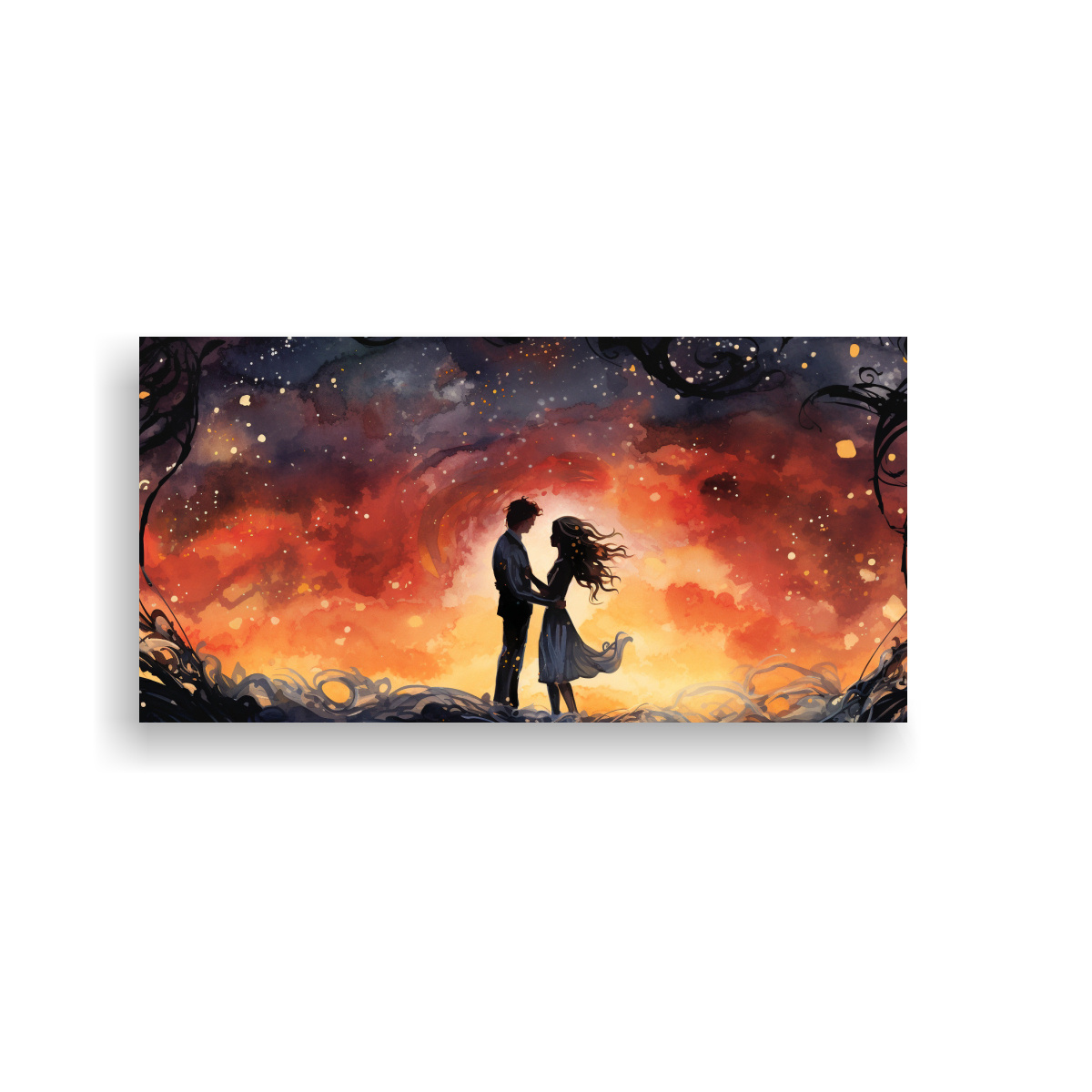 PINTURA ACUARELA NOCTURNA ENCUENTRO EN EL AGUA 60X30 CM - 1