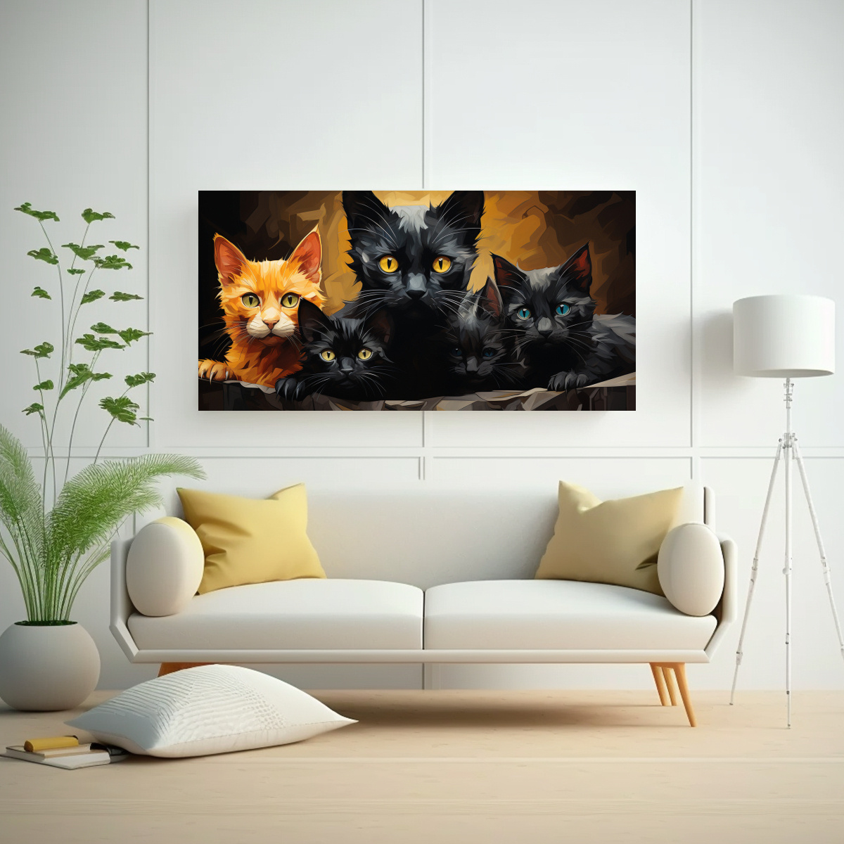 CUADRO DECORATIVO DE GATOS NEGROS EN UNA PILA 100X50 CM - 2