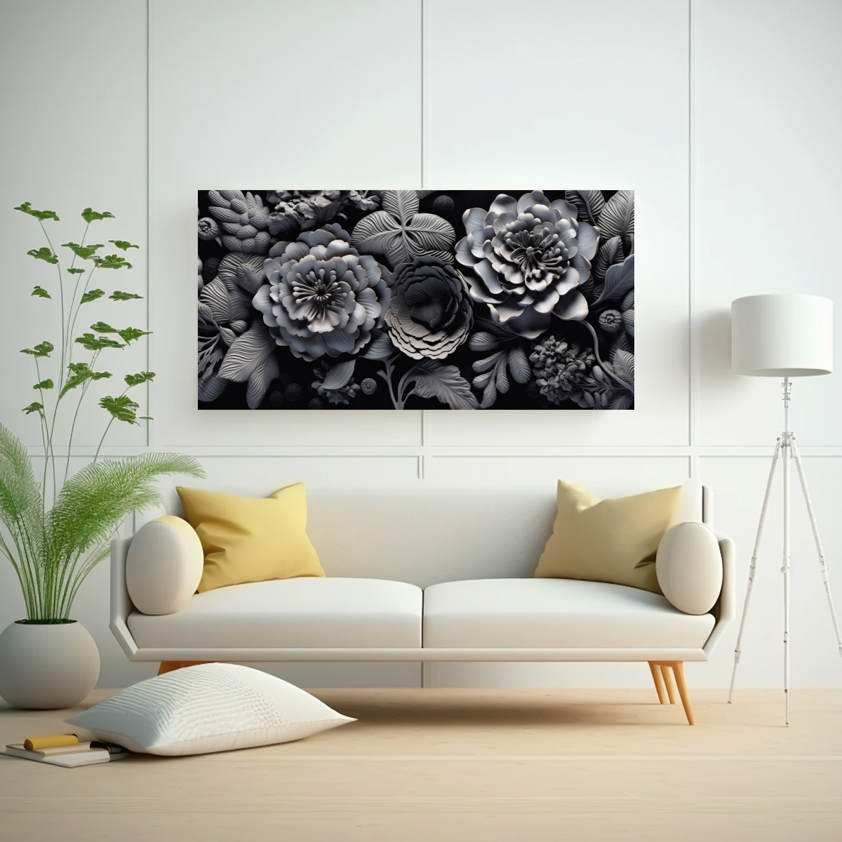 PINTURAS MODERNAS EN ARCILLA 3D CON FLORES NEGRAS. 140X70 CM - 2