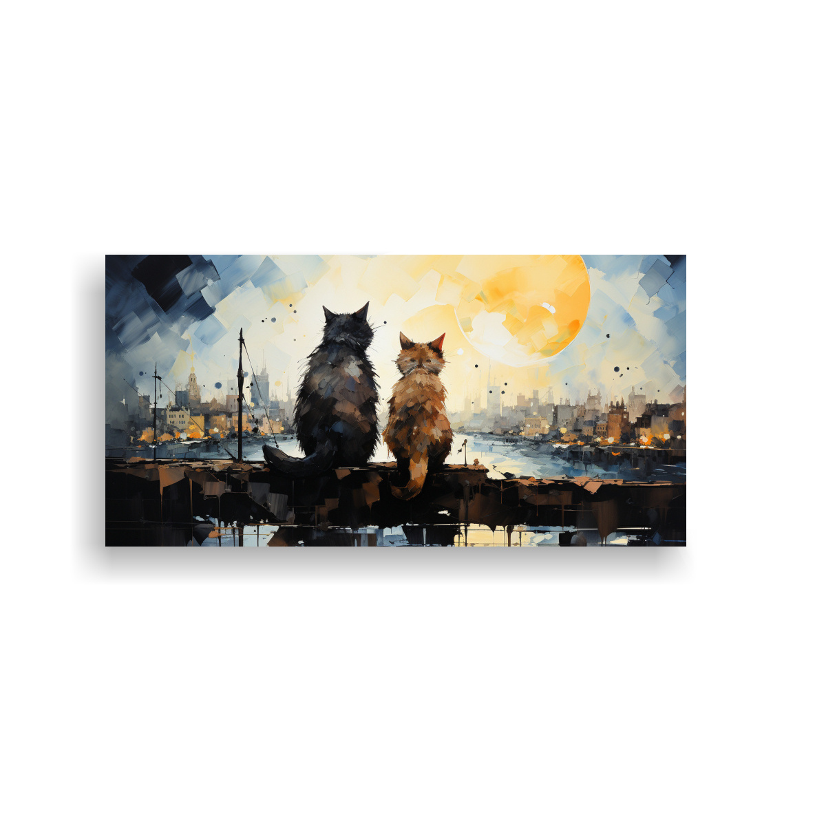 GATOS EN TEJADO MIRANDO ARRIBA, LIENZO TELA 40X20 CM - 1