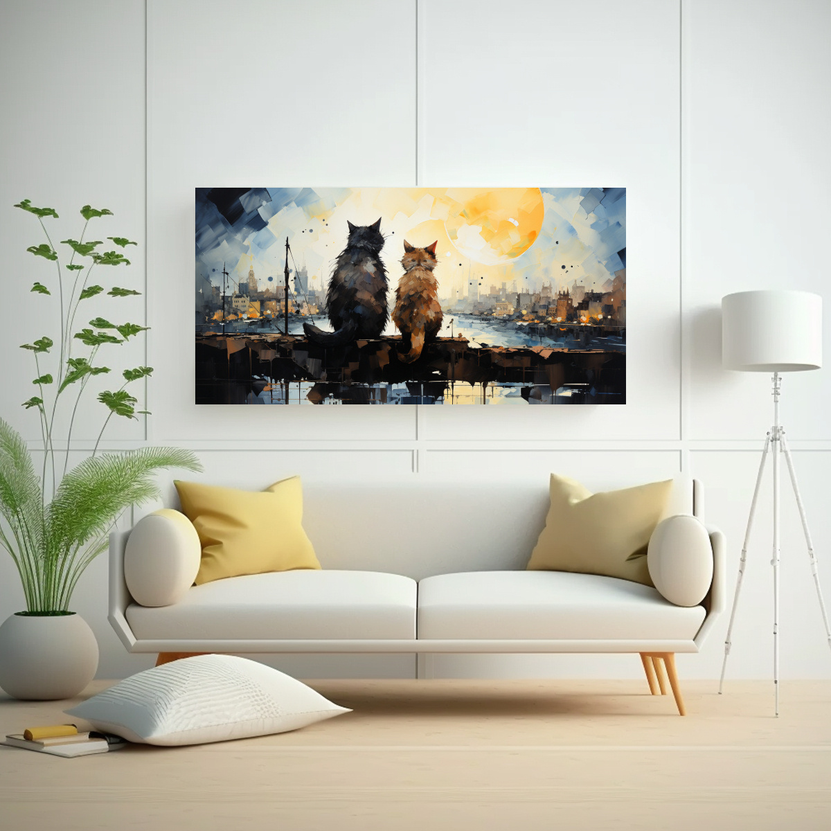 GATOS EN TEJADO MIRANDO ARRIBA, LIENZO TELA 40X20 CM - 2