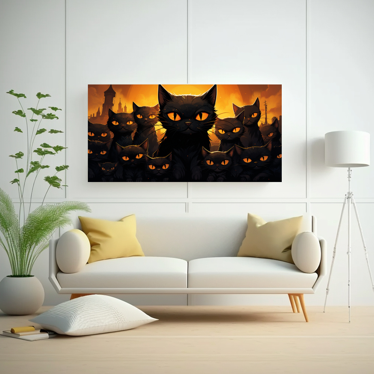 CUADRO DE GATOS NEGROS EN PILA MIRANDO HACIA. 60X30 CM - 2