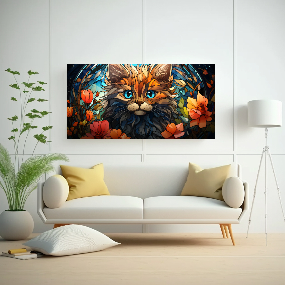 CUADRO MINIMALISTA INSPIRADOR GATITO Y FLORES 140X70 CM - 2
