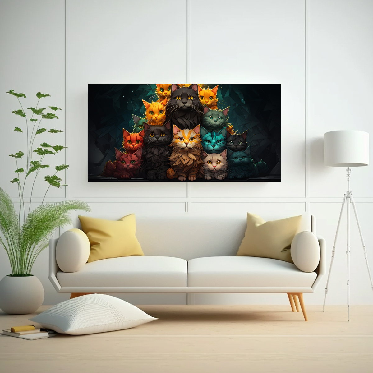 GATOS DE COLORES APILADOS EN PINTURA ALEGRE CON 100X50 CM - 2