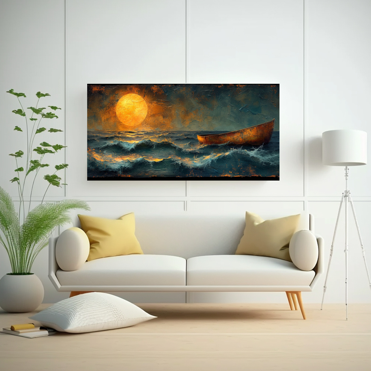 BARCO DORADO EN OLAS: DISEÑO PHOTOSHOP EN ESTILO 60X30 CM - 2