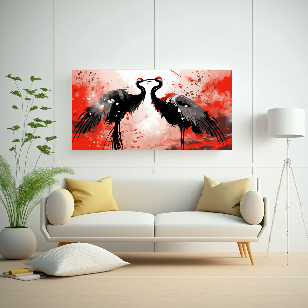CUADRO VINTAGE LINDA A CRANES ROJO Y NEGRO ARTE 140X70 CM - 2