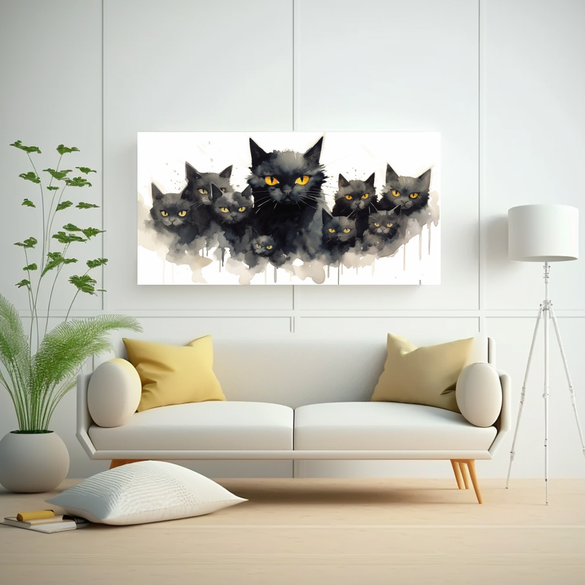 CUADROS DE GATOS NEGROS CON OJOS AMARILLOS EN 140X70 CM - 2