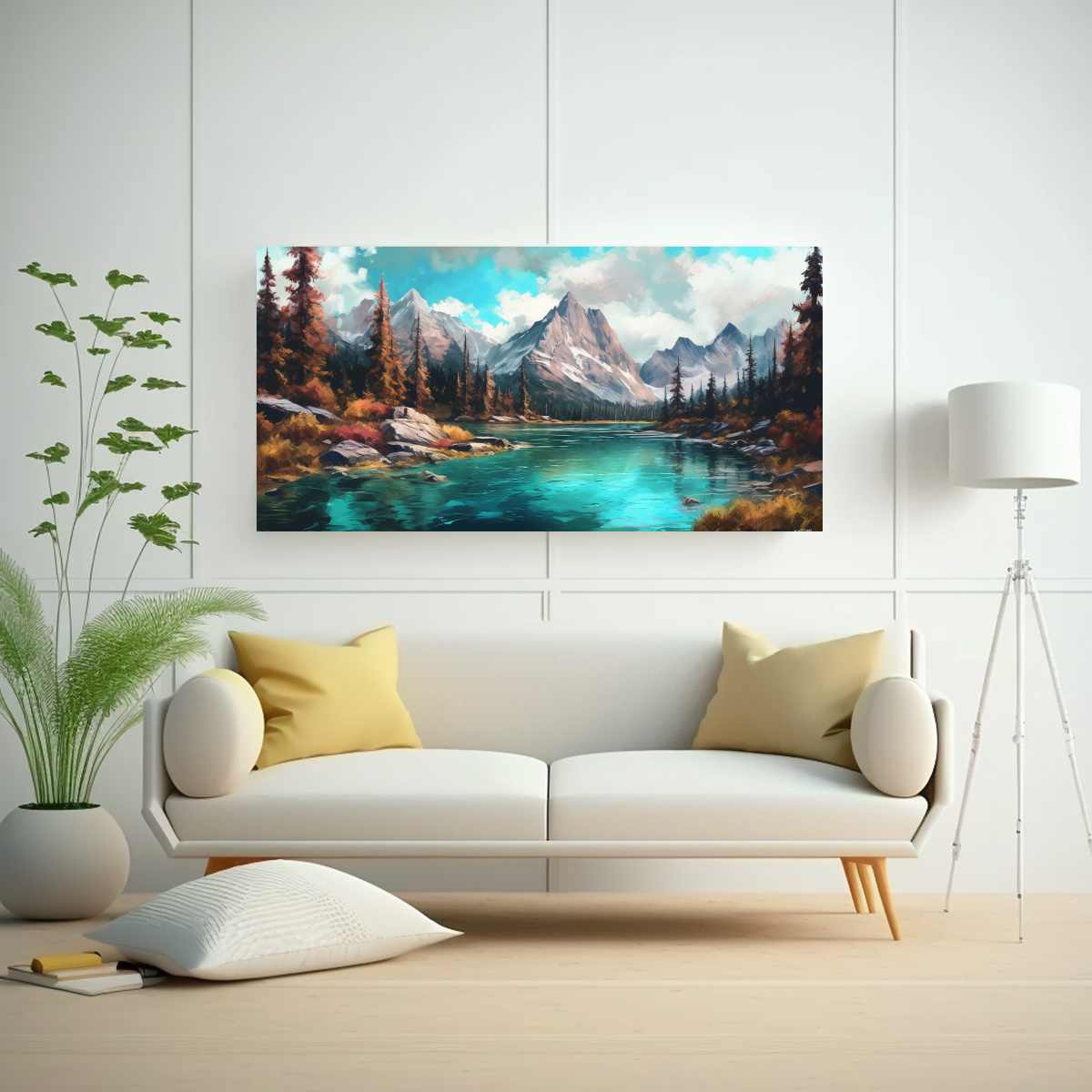 CUADRO PAISAJE MONTAÑAS ROCOSAS Y LAGO AZUL 60X30 CM - 2