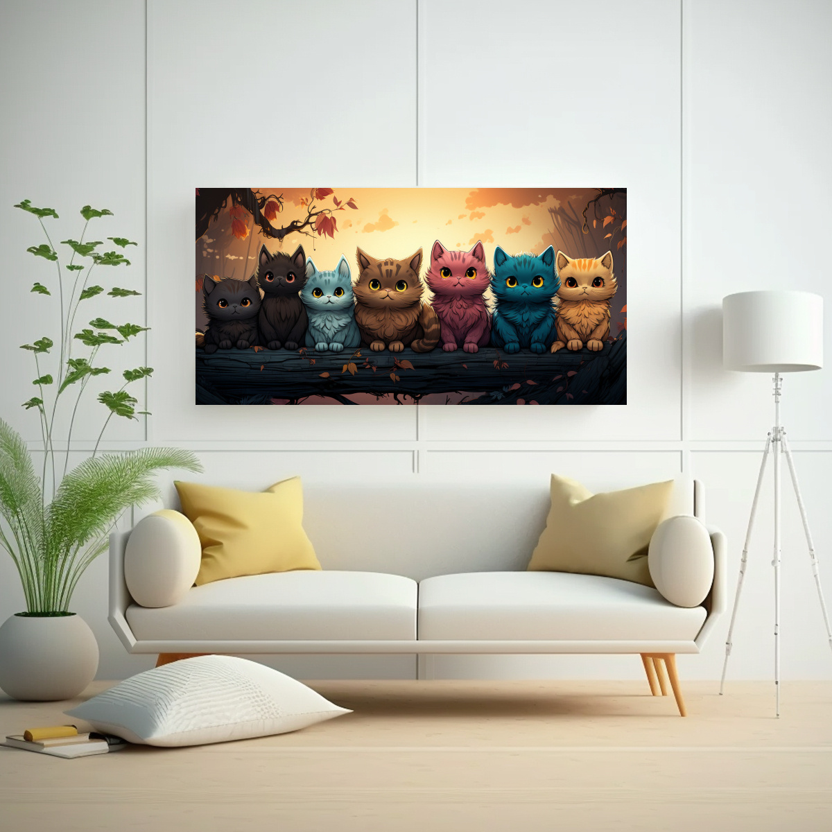 CUADRO TELA GATOS COLORIDOS SOBRE PILA MIRANDO 40X20 CM - 2