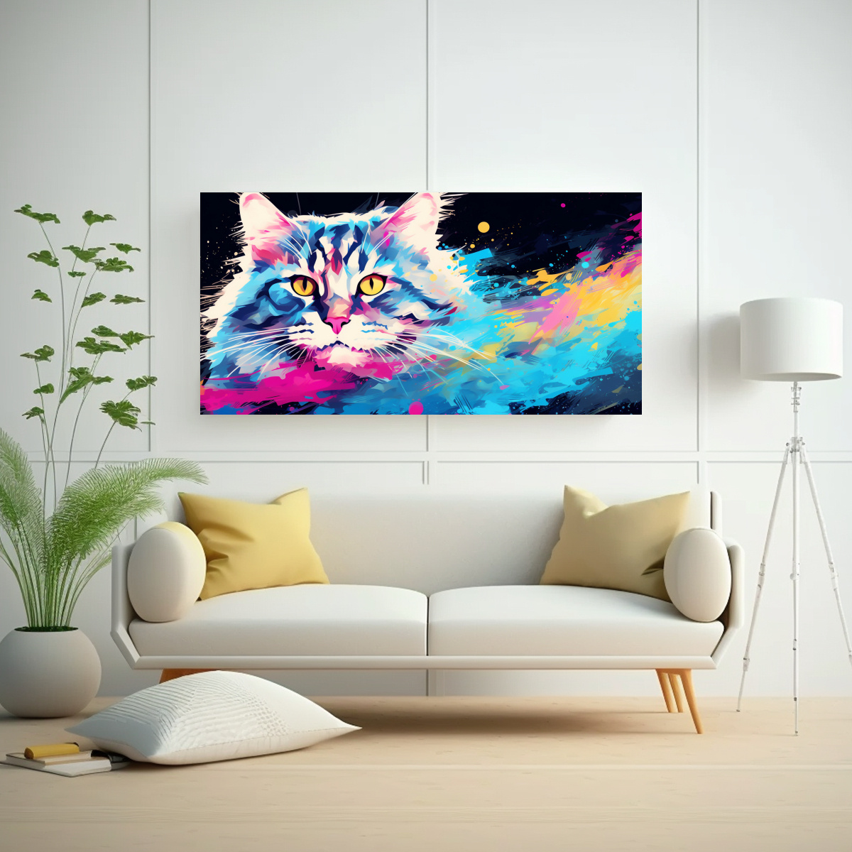 PINTURA ABSTRACTA DE GATO EN TONOS PASTEL Y 100X50 CM - 2