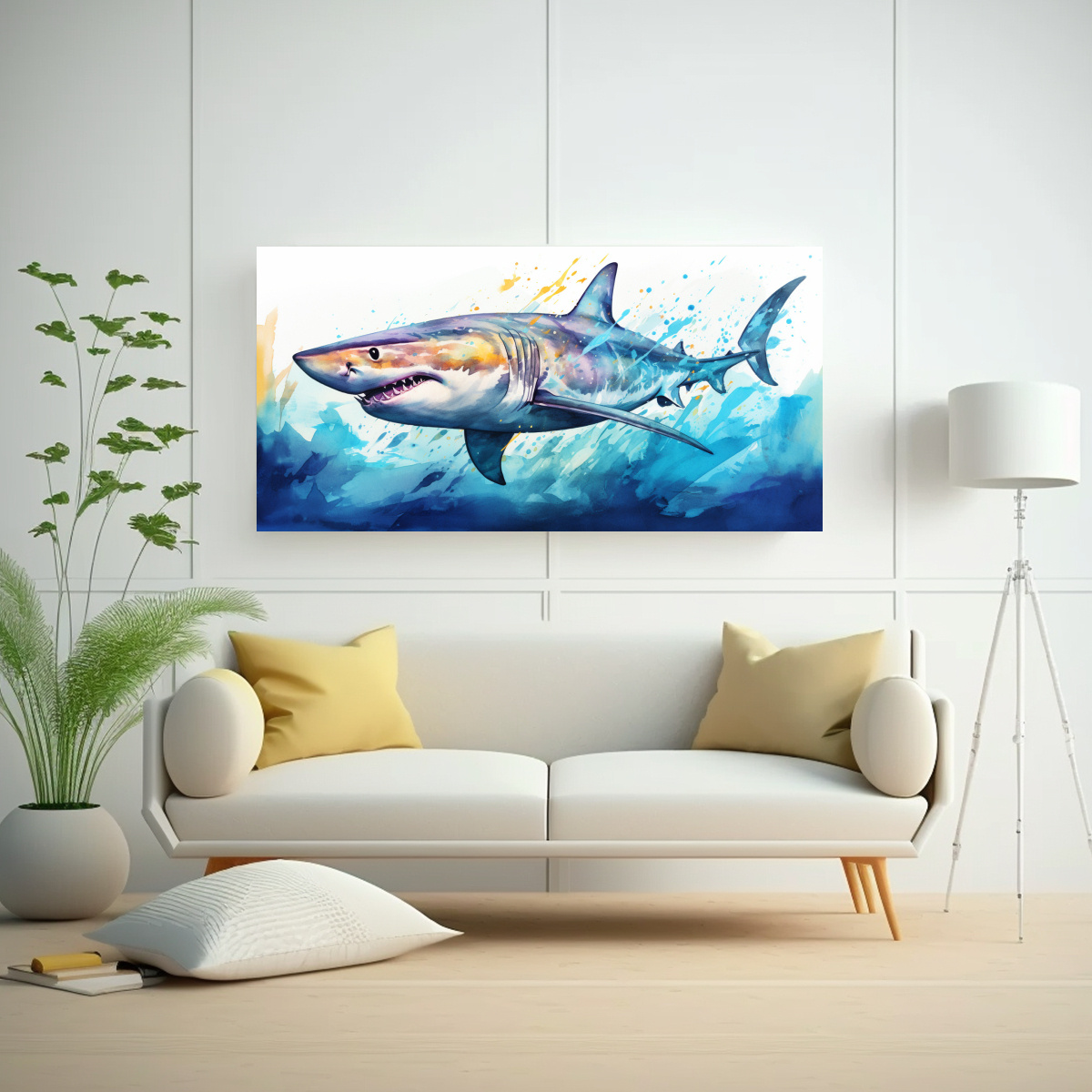 PINTURA ACUARELA ELEGANTE DE TIBURÓN COLORIDO 60X30 CM - 2