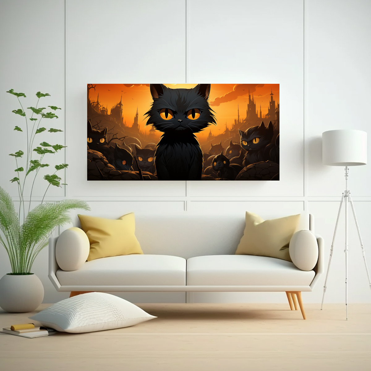 CUADRO DE GATOS NEGROS SOBRE FONDO NARANJA 40X20 CM - 2