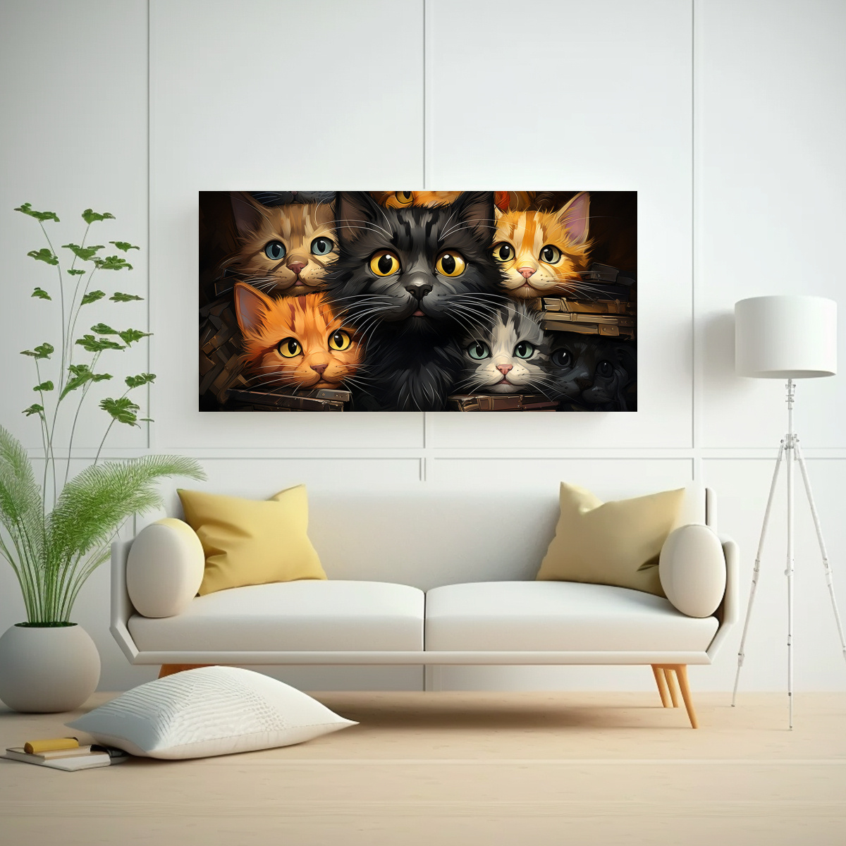 CUADRO DE GATOS DE COLORES SOBRE FONDO NARANJA 40X20 CM - 2