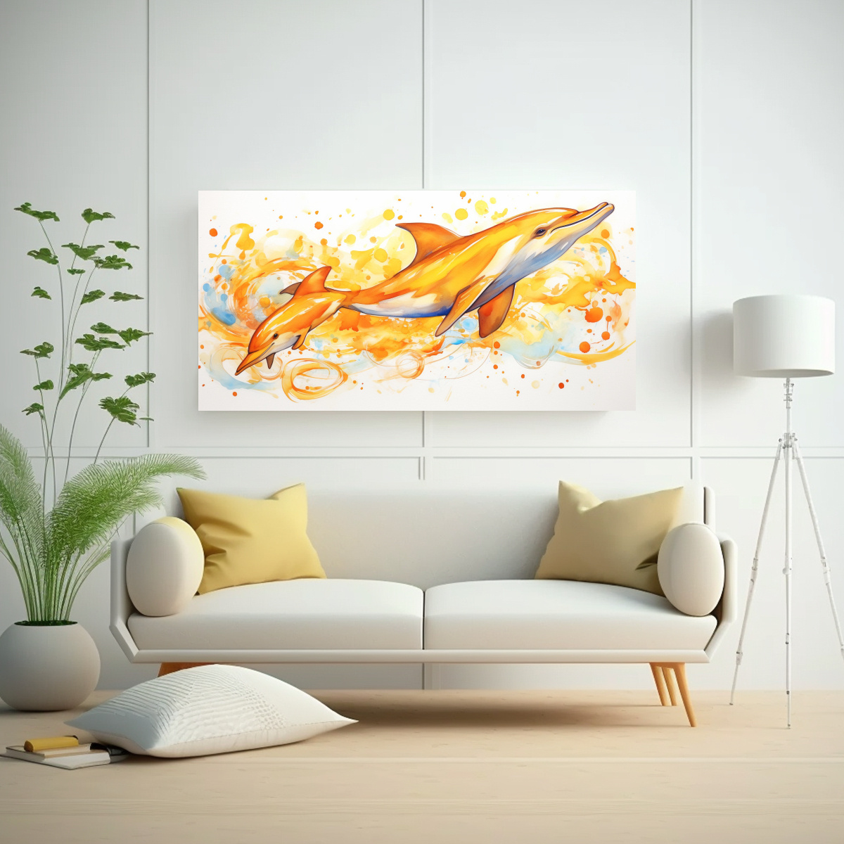 CUADRO DE TELA ESTÉTICA CON DELFINES EN TONOS 60X30 CM - 2