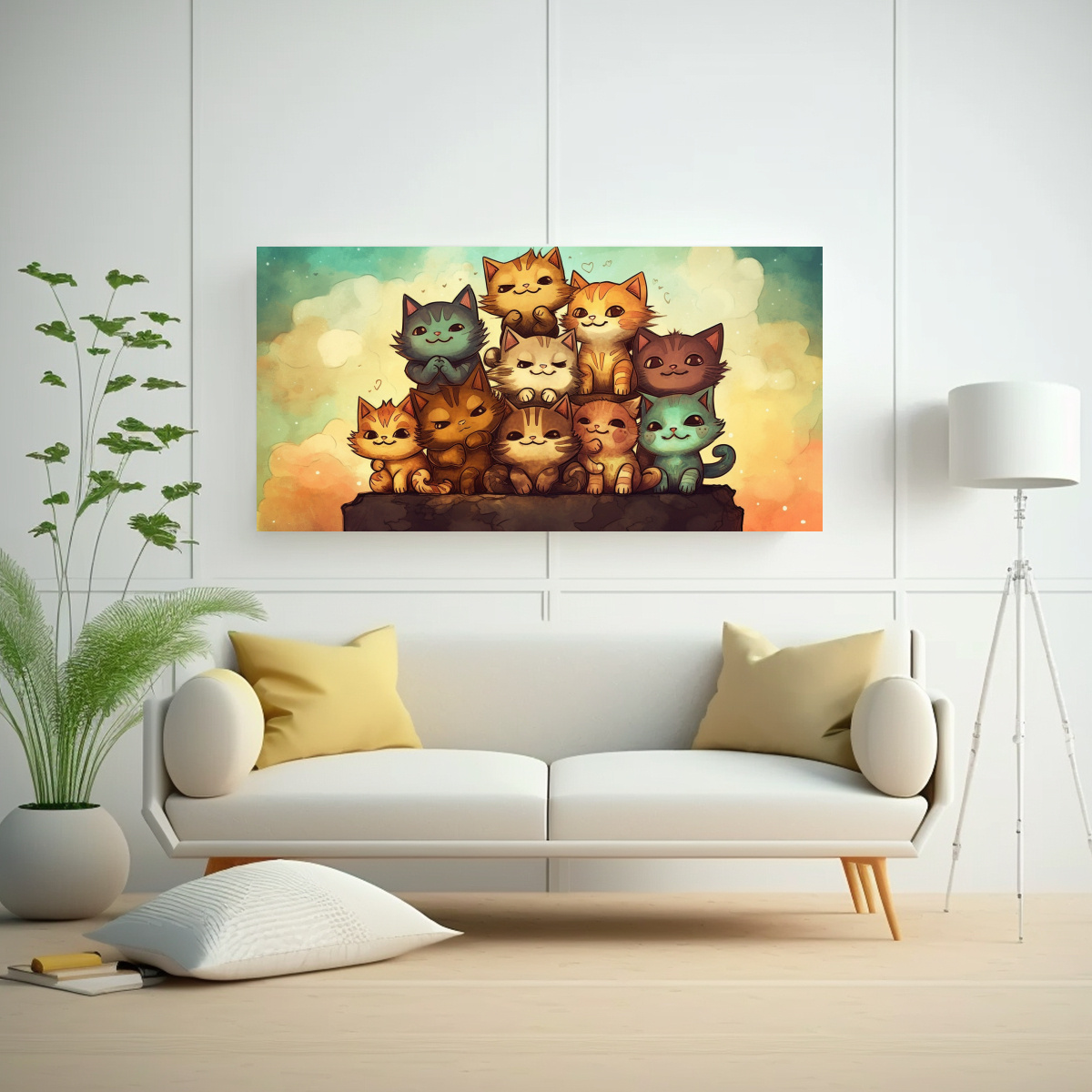 PINTURA ACUARELA DE GATOS MAJESTUOSOS EN PILA 120X60 CM - 2