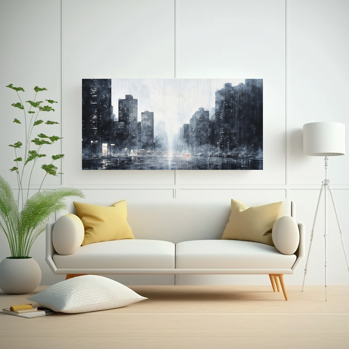 CUADRO DE CIUDAD ACUARELA BRILLANTE CON ESCENA 160X80 CM - 2