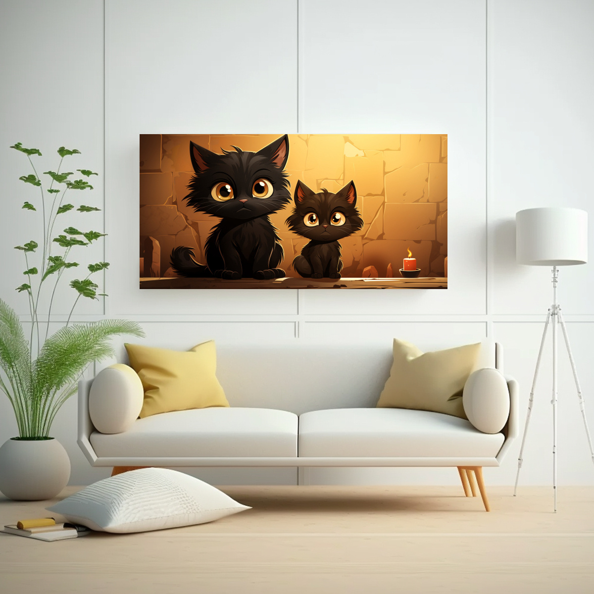 CUADRO DE SALA ANIMADO CON GATOS NEGROS. 140X70 CM - 2