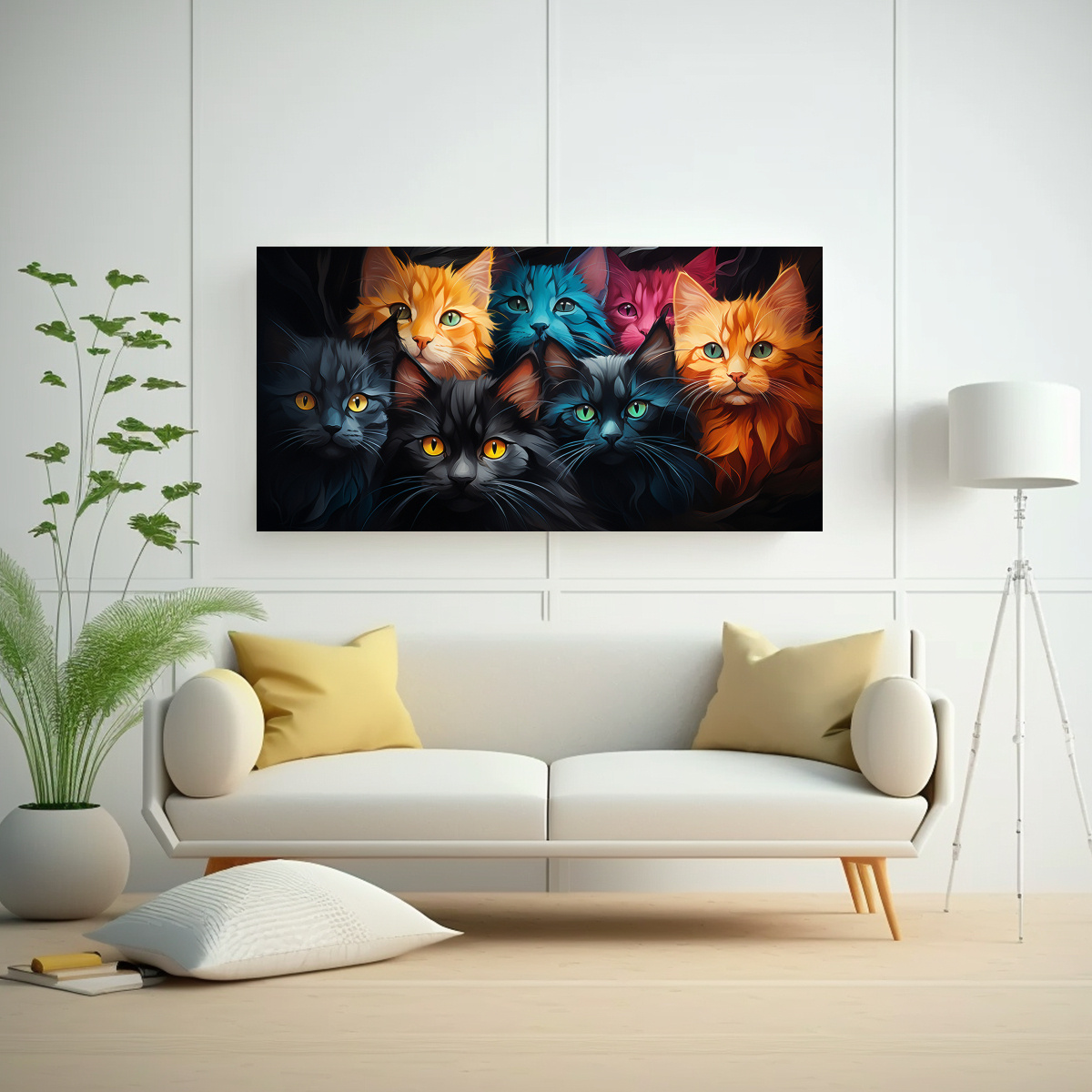CUADRO DE GATOS DE TODOS LOS COLORES CON AMARILLO 80X40 CM - 2
