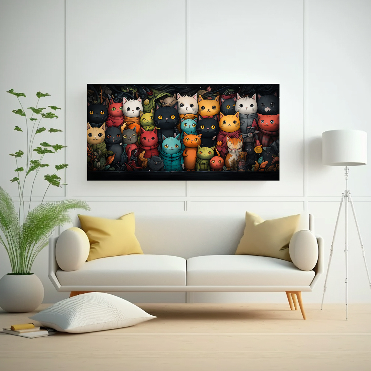 CUADRO DE GATOS CON SUÉTER EN LIENZO DE COLORES. 120X60 CM - 2