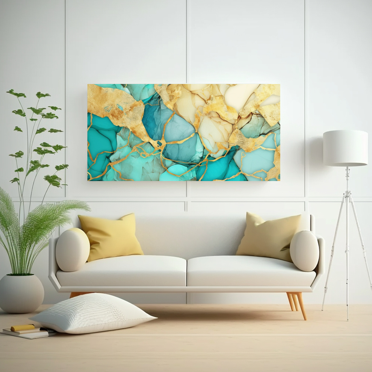 CUADRO ABSTRACTO EN TONOS TURQUESA Y DORADO: 140X70 CM - 2