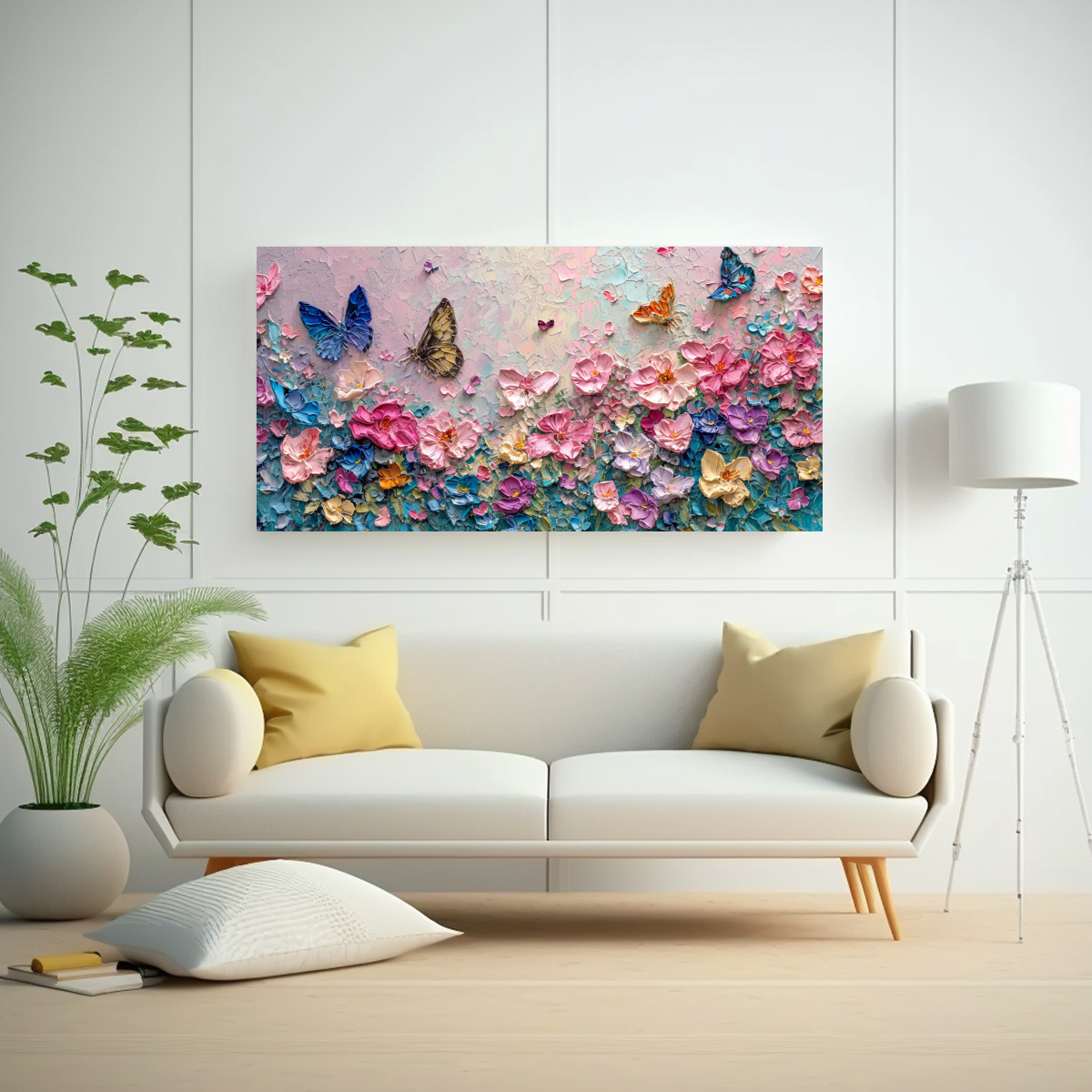 LIENZO HORIZONTAL CON MARIPOSAS Y FLORES EN TONOS 40X20 CM - 2