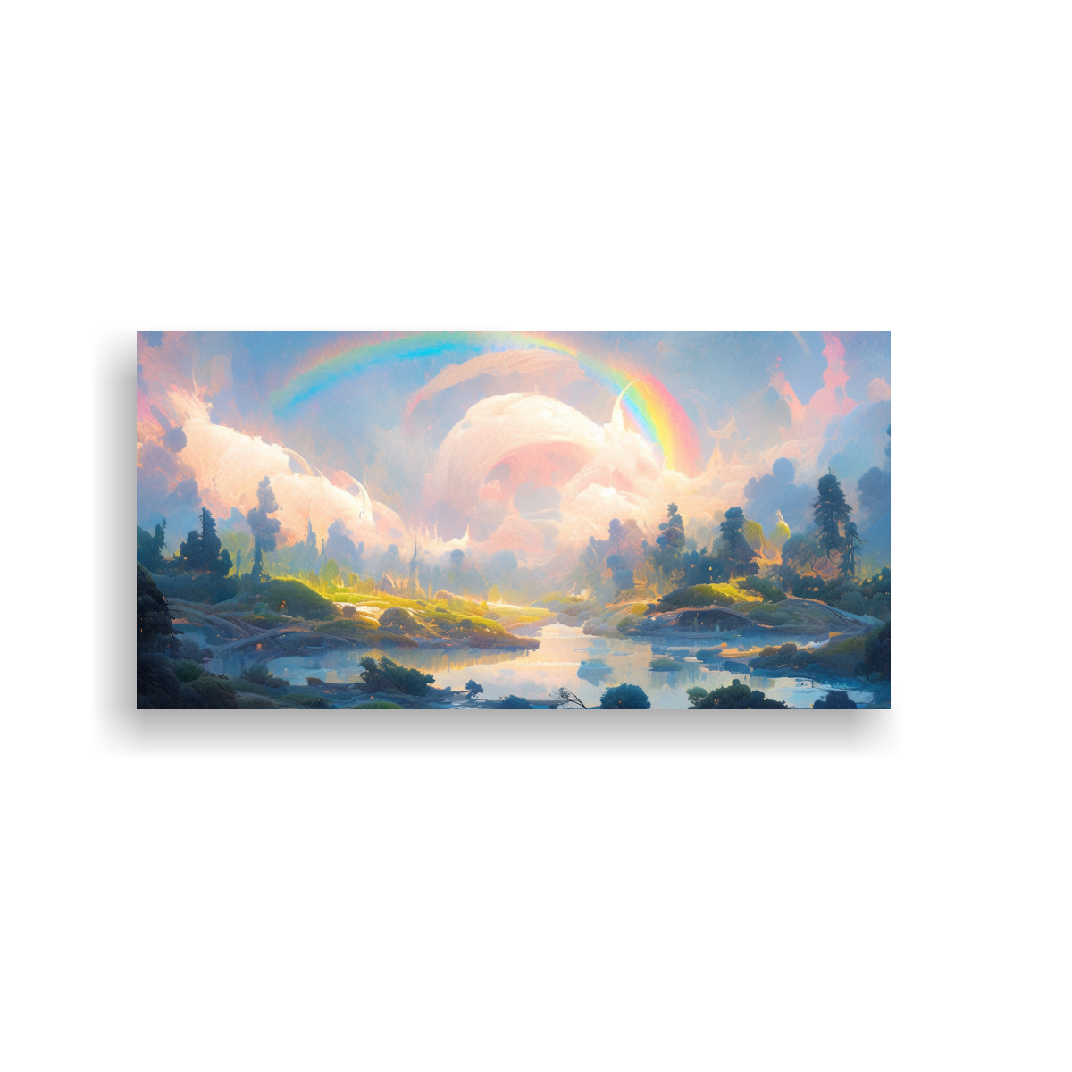 PINTURA ABSTRACTA DE PAISAJE CON ARCO IRIS Y 100X50 CM - 1