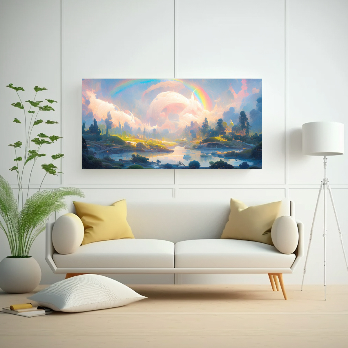 PINTURA ABSTRACTA DE PAISAJE CON ARCO IRIS Y 100X50 CM - 2