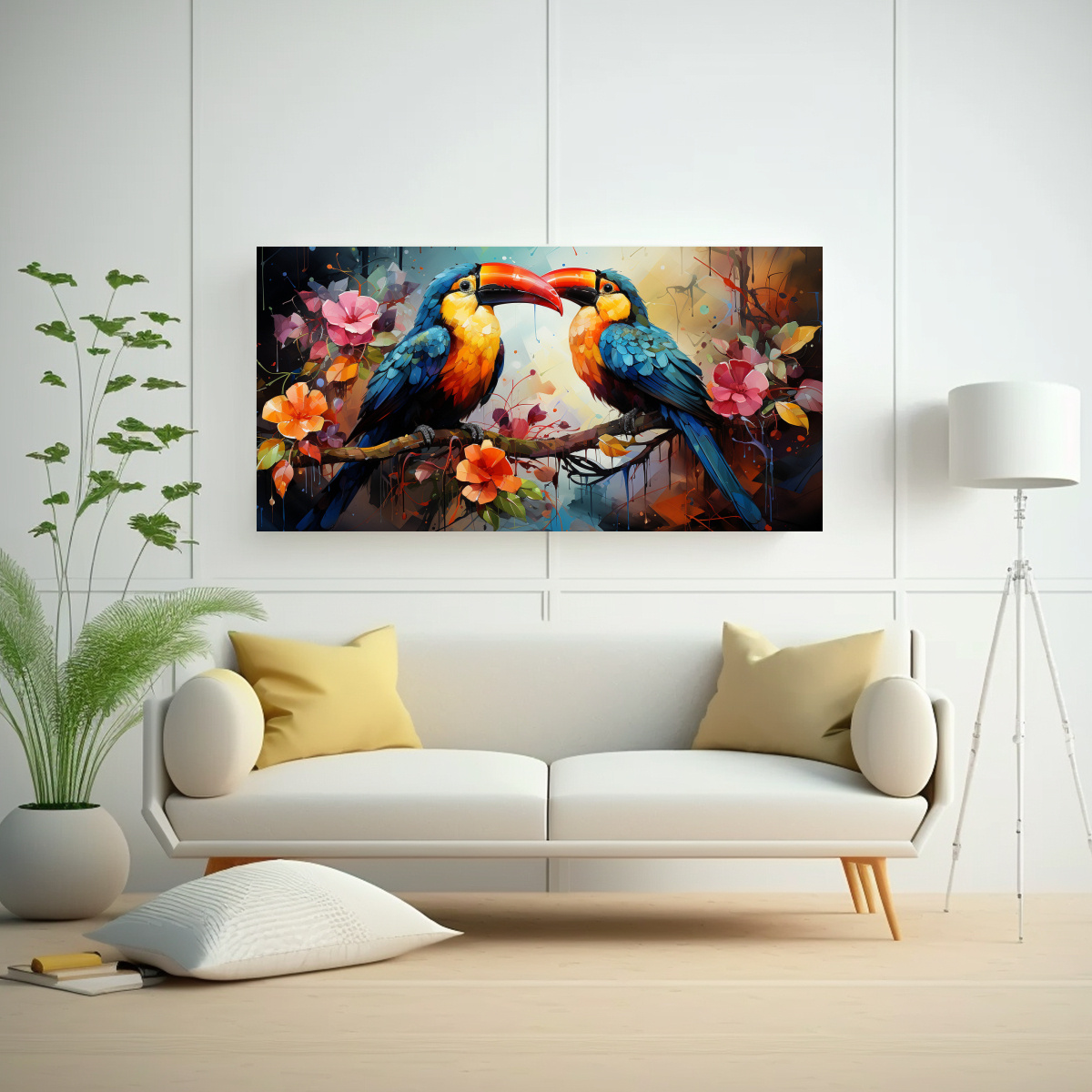 CUADRO TELA CLÁSICO CON TUCANES ESTILO ACUARELA 100X50 CM - 2