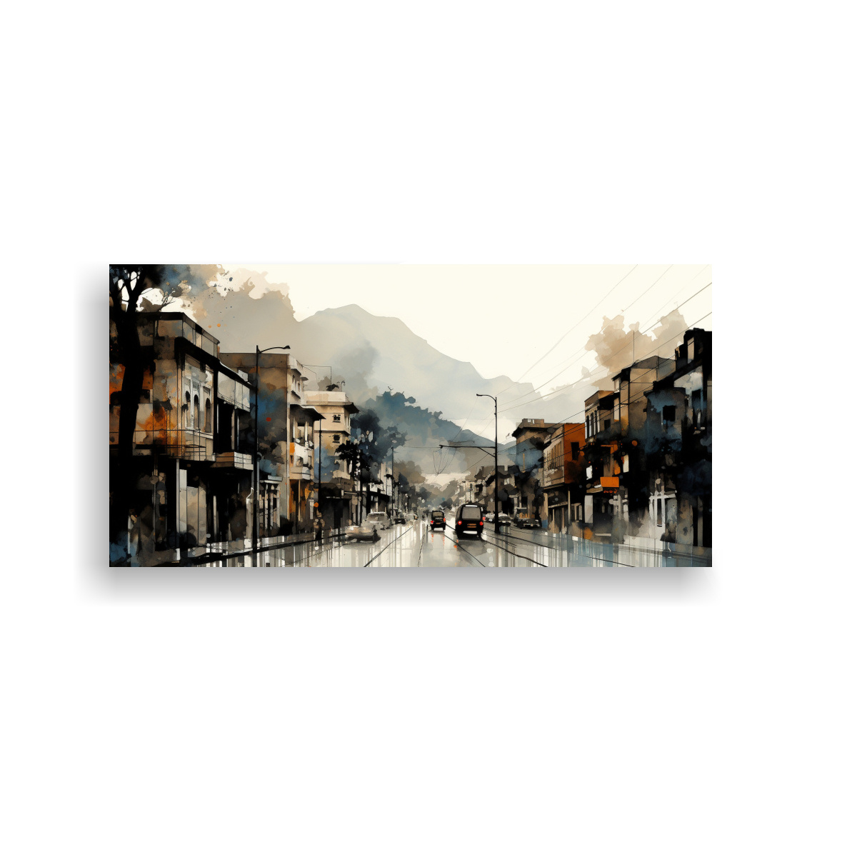 PINTURA EN TELA DE SANTIAGO EN ACUARELAS Y NEGRO 40X20 CM - 1