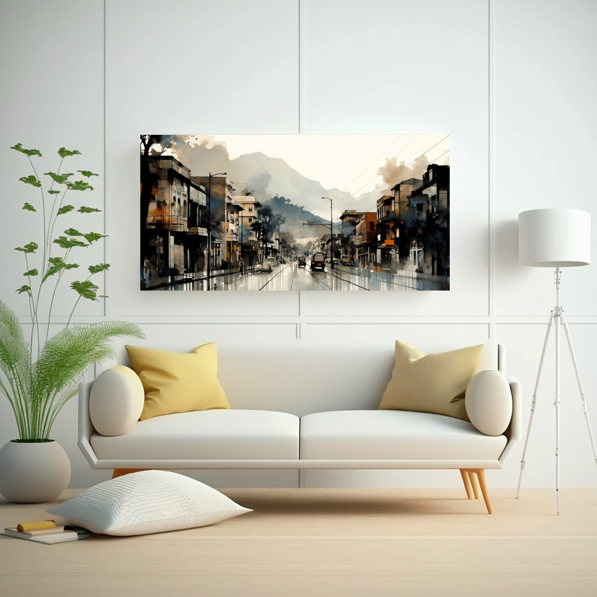 PINTURA EN TELA DE SANTIAGO EN ACUARELAS Y NEGRO 40X20 CM - 2